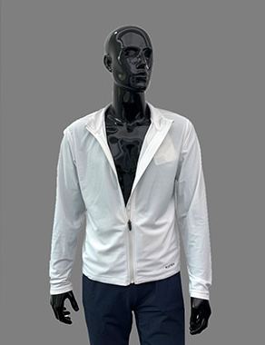 White zip jacket shown with the 2WN18125 Jacquard Fashion fabric